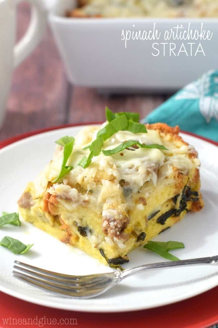 This Overnight Spinach Artichoke Strata makes for a delicious breakfast casserole ready to throw in the morning!